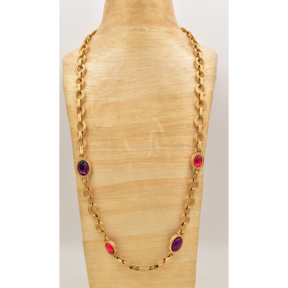 Monet for YSL Vintage Cabochon Necklace Purple Fuchsia Chunky Signed 1980s BinK - Picture 2 of 16